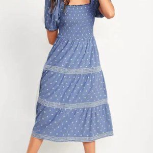 Old Navy Puff-Sleeve Smocked Printed Embroidered Fit and Flare Midi Dress